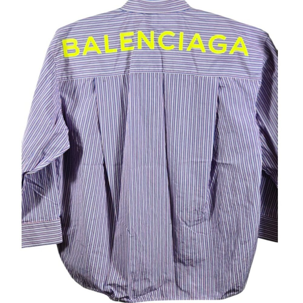Balenciaga Size 42 Men's Logo Oversized Button Down Shirt Blue White Stripe
